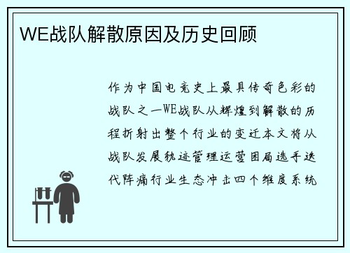 WE战队解散原因及历史回顾