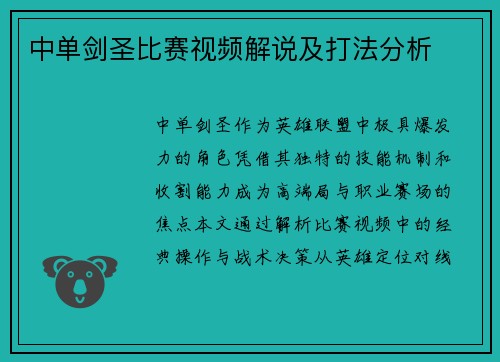 中单剑圣比赛视频解说及打法分析