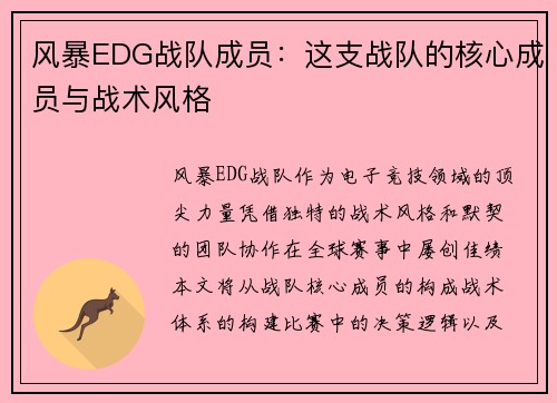 风暴EDG战队成员：这支战队的核心成员与战术风格