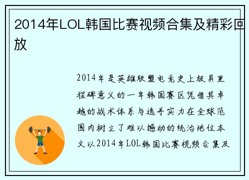 2014年LOL韩国比赛视频合集及精彩回放
