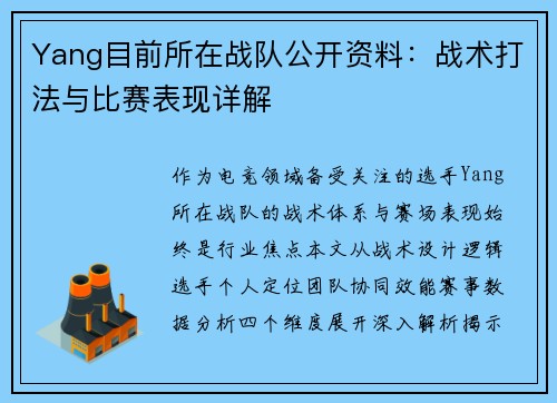 Yang目前所在战队公开资料：战术打法与比赛表现详解