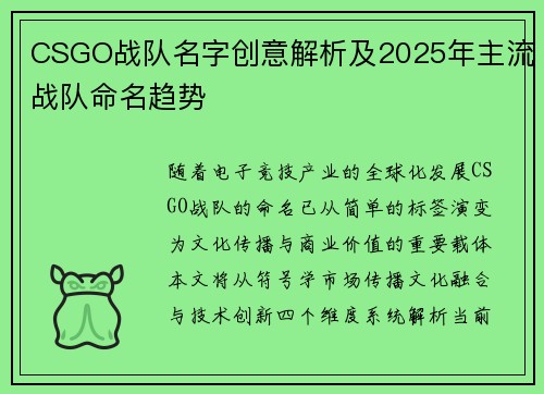 CSGO战队名字创意解析及2025年主流战队命名趋势